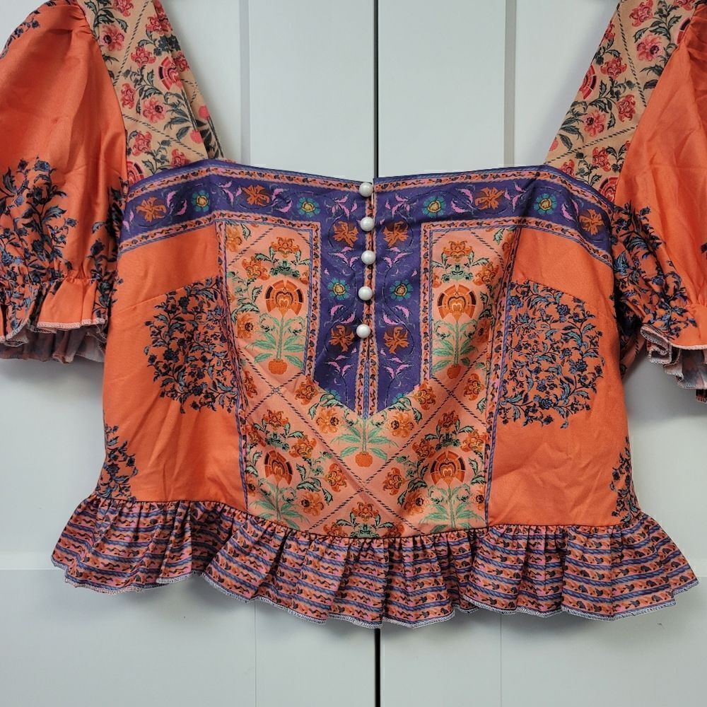 SHEIN Floral Print Puff Sleeve Square Neck Button Front Ruffle Hem Blouse, large - Picture 7 of 11
